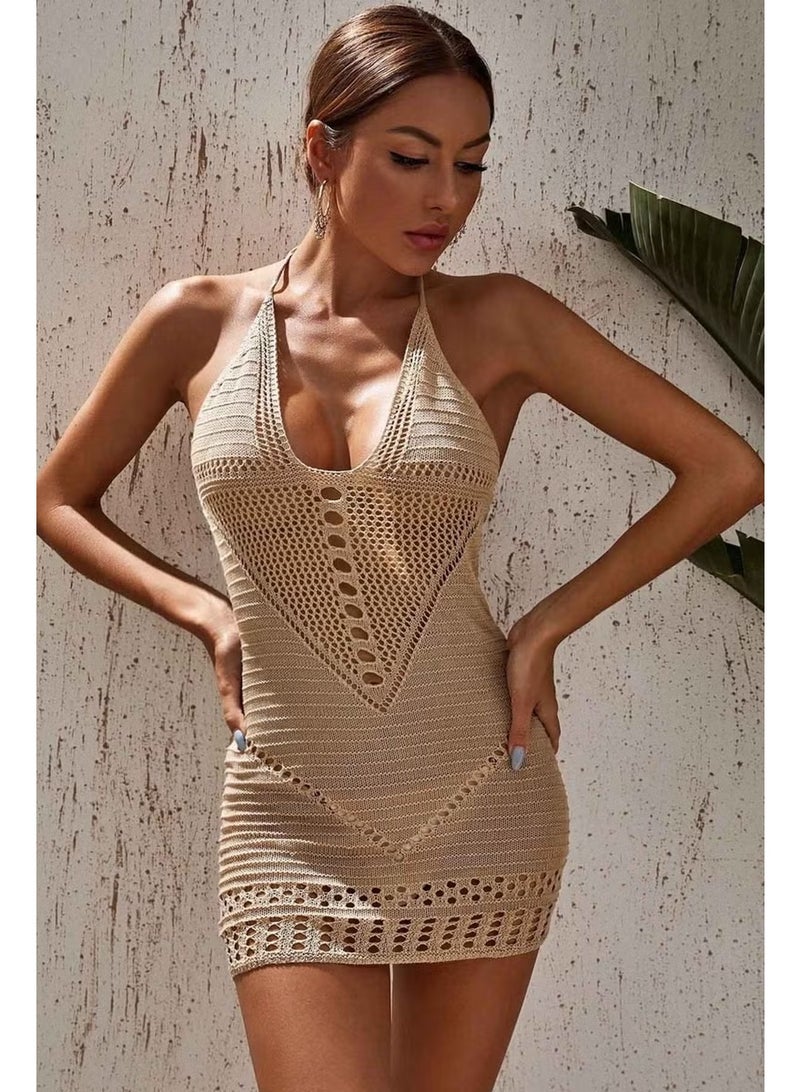 Angelsin Halter Neck Ethnic Patterned Knitted Pareo Beach Dress - Image 1